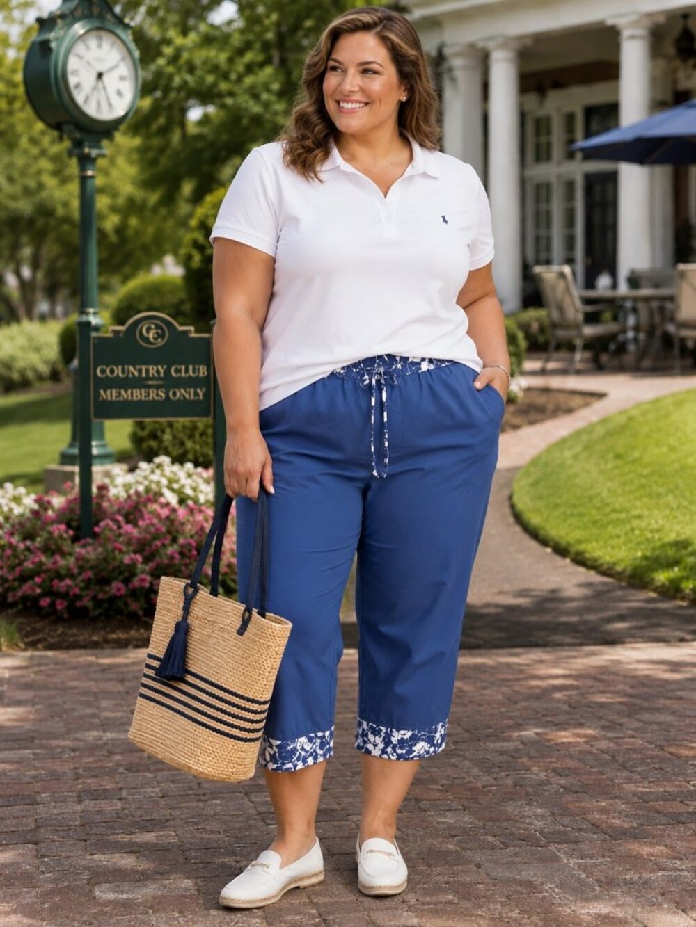 Orvis Blue White Floral Trimmed Cropped Drawstring Capri Pants Womens Size 20